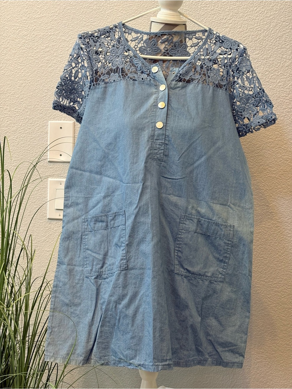 Light Blue Denim Dress with Crochet Yoke